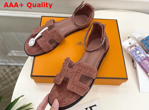 Hermes Santorini Sandal in Rose Antique Braided Suede Goatskin Replica