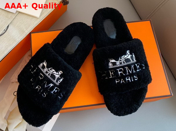 Hermes Shearling Sandal in Black for Women Replica
