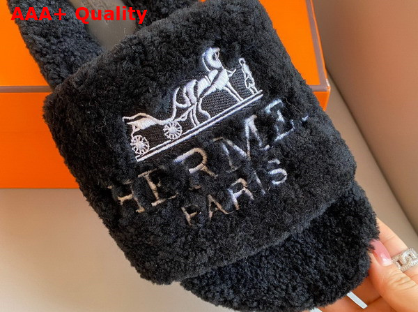 Hermes Shearling Sandal in Black for Women Replica