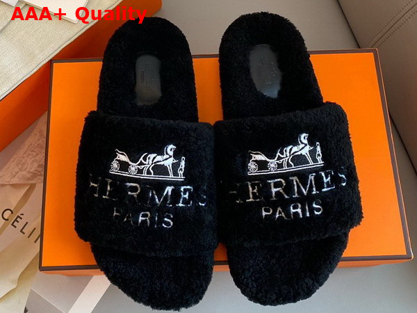 Hermes Shearling Sandal in Black for Women Replica