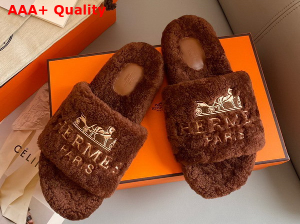 Hermes Shearling Sandal in Cognac for Women Replica