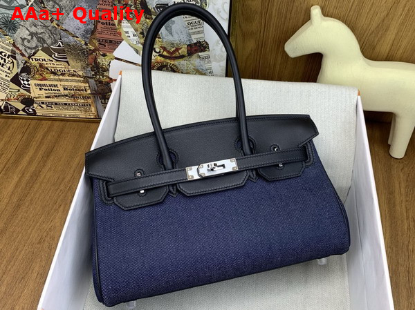 Hermes Shoulder Birkin 29 Bag in Blue Denim and Black Leather Replica