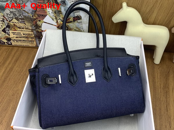 Hermes Shoulder Birkin 29 Bag in Blue Denim and Black Leather Replica