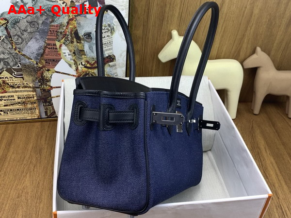 Hermes Shoulder Birkin 29 Bag in Blue Denim and Black Leather Replica