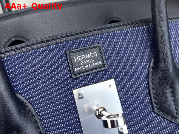 Hermes Shoulder Birkin 29 Bag in Blue Denim and Black Leather Replica