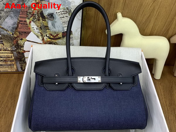 Hermes Shoulder Birkin 29 Bag in Blue Denim and Black Leather Replica