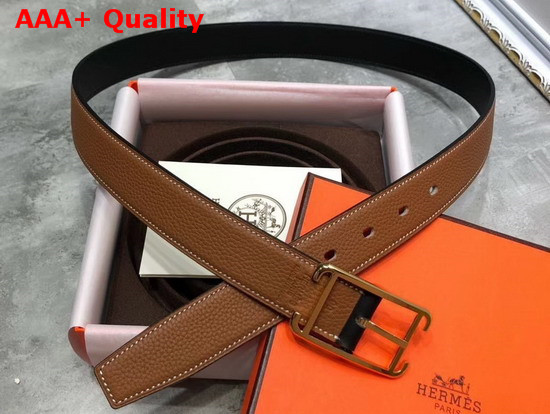 Hermes Society 32 Reversible Belt Tan and Black Box and Togo Calfskin with Gold Plated Buckle Replica