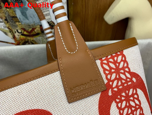 Hermes Steeple 25 Bag in H Plume Canvas with Fantaisie detriers Motif and Swift Calfskin Capucine Ecru Beige Cuivre Replica