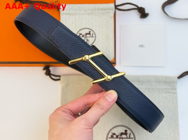 Hermes Swing Belt Buckle Reversible Leather Strap 32mm Noir Bleu Nuit Togo Calfskin Replica
