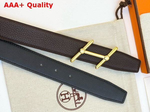 Hermes Swing Belt Buckle Reversible Leather Strap 32mm Noir Chocolate Togo Calfskin Replica