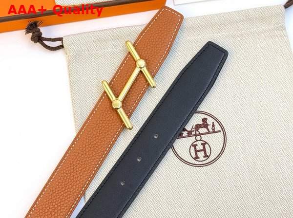 Hermes Swing Belt Buckle Reversible Leather Strap 32mm Noir Gold Togo Calfskin Replica