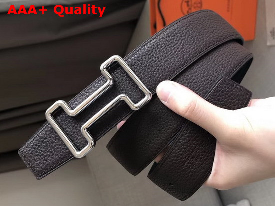 Hermes Tonight Belt Buckle Reversible Leather Strap 38mm in Togo Calfskin Chocolate and Black Replica