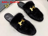 Hermes Trocadero Mule in Noir Suede Goatskin and Mink with Contrasting Lining and Permabrass Plated H Detail Replica