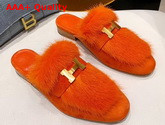 Hermes Trocadero Mule in Orange Suede Goatskin and Mink with Contrasting Lining and Permabrass Plated H Detail Replica