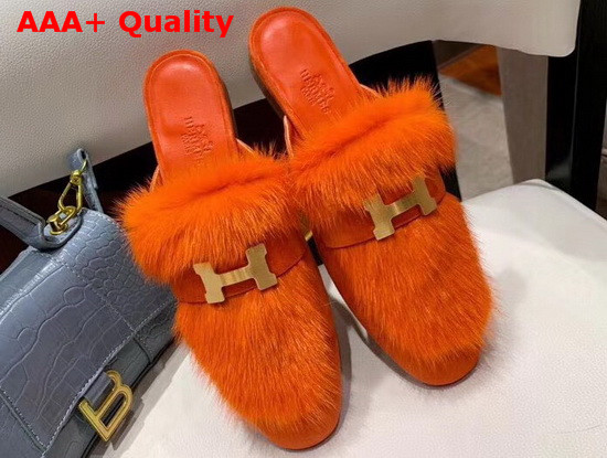 Hermes Trocadero Mule in Orange Suede Goatskin and Mink with Contrasting Lining and Permabrass Plated H Detail Replica