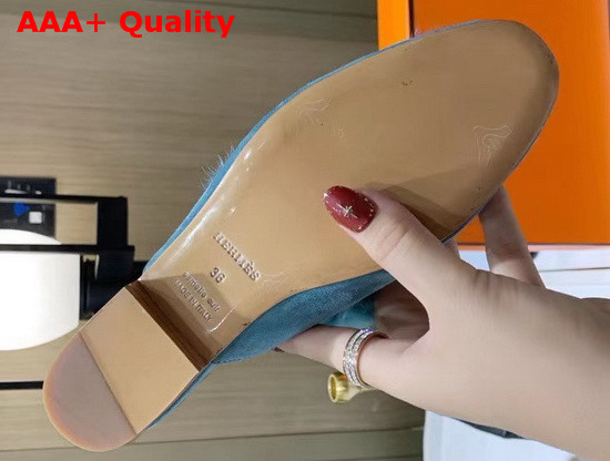 Hermes Trocadero Mule in Sky Blue Suede Goatskin and Mink with Contrasting Lining and Permabrass Plated H Detail Replica