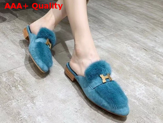 Hermes Trocadero Mule in Sky Blue Suede Goatskin and Mink with Contrasting Lining and Permabrass Plated H Detail Replica