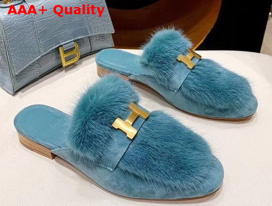Hermes Trocadero Mule in Sky Blue Suede Goatskin and Mink with Contrasting Lining and Permabrass Plated H Detail Replica