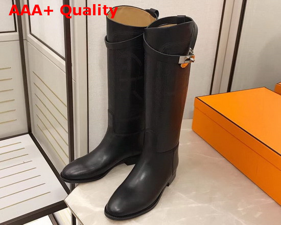 Hermes Variation Boot in Black Monochromatic Calfskin with Iconic Buckle Perfotated Horse Motif Replica