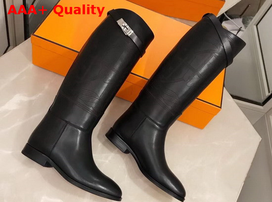 Hermes Variation Boot in Black Monochromatic Calfskin with Iconic Buckle Perfotated Horse Motif Replica