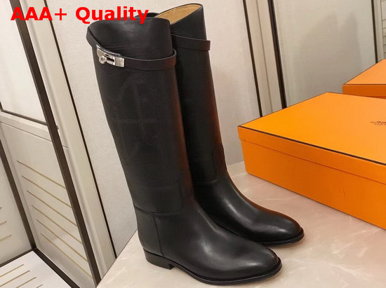 Hermes Variation Boot in Black Monochromatic Calfskin with Iconic Buckle Perfotated Horse Motif Replica