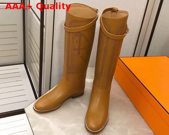 Hermes Variation Boot in Light Brown Monochromatic Calfskin with Iconic Buckle Perfotated Horse Motif Replica