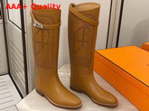 Hermes Variation Boot in Light Brown Monochromatic Calfskin with Iconic Buckle Perfotated Horse Motif Replica