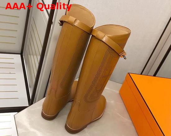 Hermes Variation Boot in Light Brown Monochromatic Calfskin with Iconic Buckle Perfotated Horse Motif Replica
