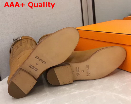 Hermes Variation Boot in Light Brown Monochromatic Calfskin with Iconic Buckle Perfotated Horse Motif Replica