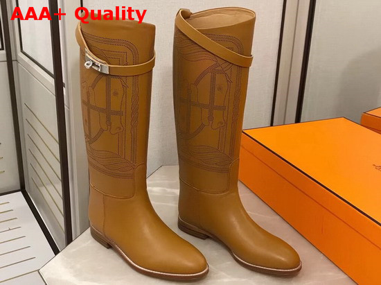 Hermes Variation Boot in Light Brown Monochromatic Calfskin with Iconic Buckle Perfotated Horse Motif Replica