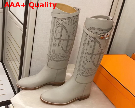 Hermes Variation Boot in Light Grey Monochromatic Calfskin with Iconic Buckle Perfotated Horse Motif Replica