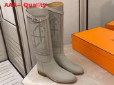 Hermes Variation Boot in Light Grey Monochromatic Calfskin with Iconic Buckle Perfotated Horse Motif Replica