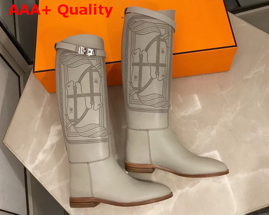 Hermes Variation Boot in Light Grey Monochromatic Calfskin with Iconic Buckle Perfotated Horse Motif Replica