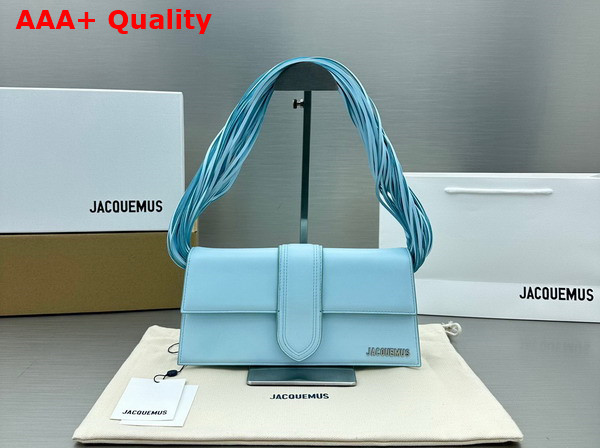Jacquemus Le Bambino Long Ficiu Strand Strap Flap Bag in Light Blue Smooth Leather Replica