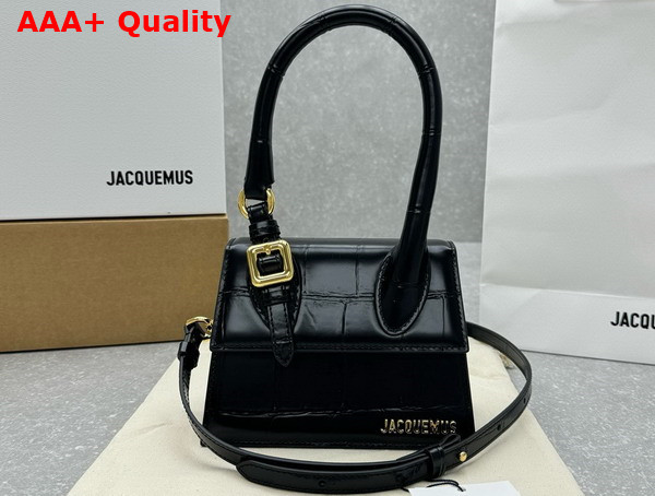 Jacquemus Le Chiquito Moyen Boucle Les Sculptures Signature Buckled Handbag in Black Croc Embossed Structured Leather Replica