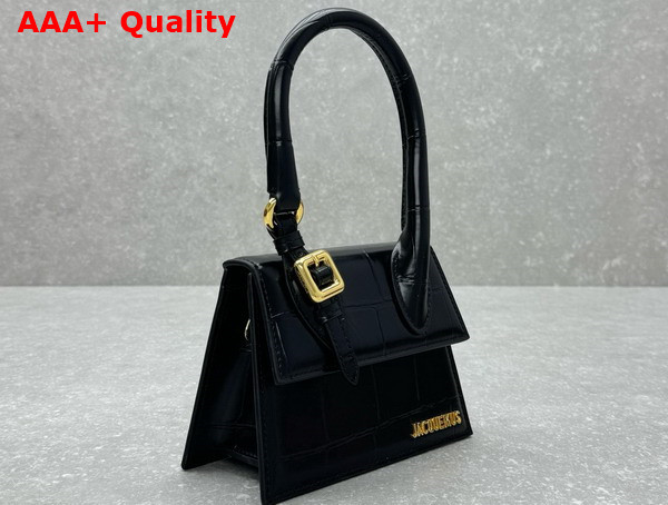 Jacquemus Le Chiquito Moyen Boucle Les Sculptures Signature Buckled Handbag in Black Croc Embossed Structured Leather Replica