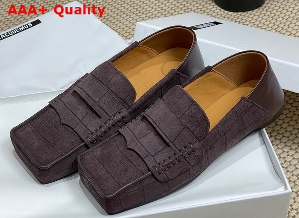 Jacquemus The Carre Loafers in Dark Brown Crocodile Embossed Suede Leather Replica