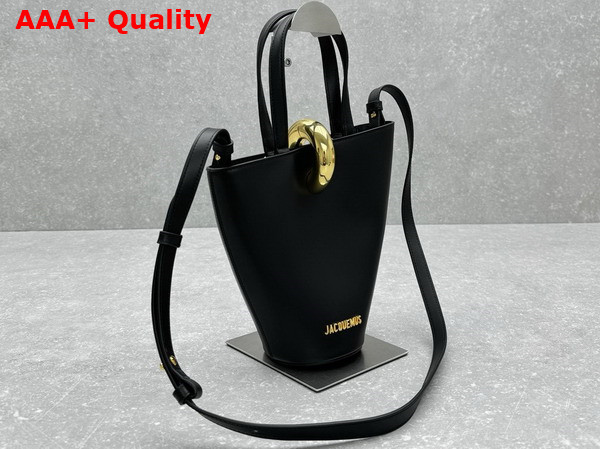 Jacquemus The Small Bambola Asymmetric Mini Bucket Bag in Black Smooth Leather Replica