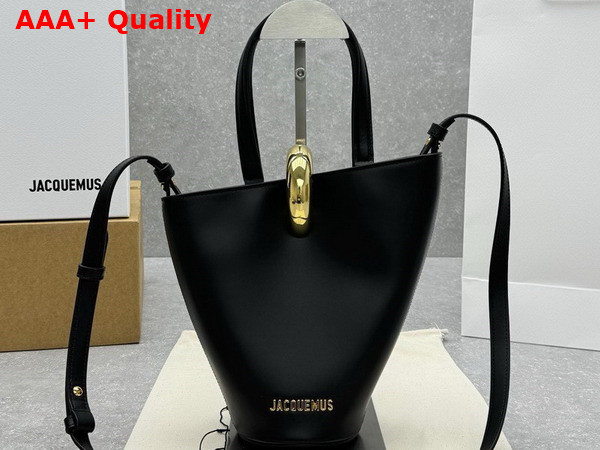 Jacquemus The Small Bambola Asymmetric Mini Bucket Bag in Black Smooth Leather Replica