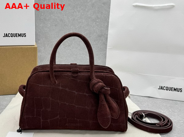 Jacquemus The Small Turismo Soft Bowling Bag in Dark Brown Crocodile Embossed Suede Calfskin Replica