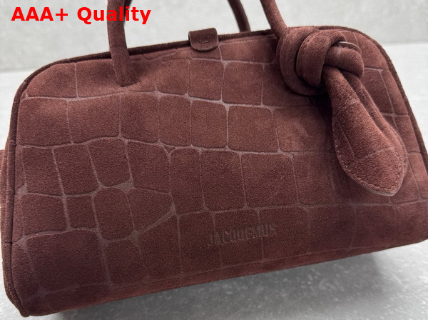 Jacquemus The Small Turismo Soft Bowling Bag in Dark Brown Crocodile Embossed Suede Calfskin Replica