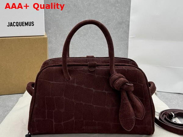 Jacquemus The Small Turismo Soft Bowling Bag in Dark Brown Crocodile Embossed Suede Calfskin Replica