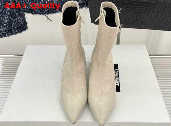 Jacquemus The Tourni Pumped Ankle Boots in Ivory Stretch Suede and Patent Leather Replica