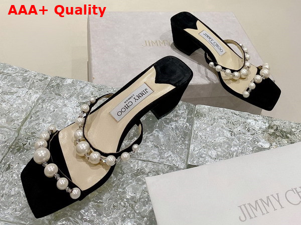 Jimmy Choo Amara 45 Black Suede Mules with Pearl Embellishment Replica