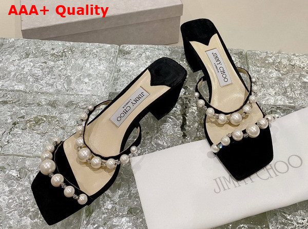 Jimmy Choo Amara 45 Black Suede Mules with Pearl Embellishment Replica