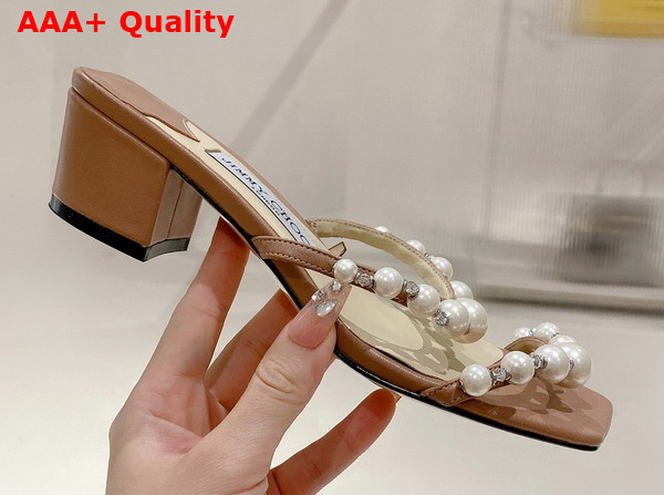 Jimmy Choo Amara 45 Caramel Leather Mules with Pearl Embellishment Replica