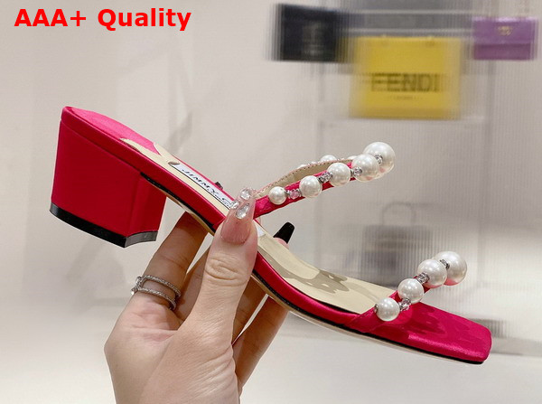 Jimmy Choo Amara 45 Fuchsia Satin Mules with Pearl Embellishment Replica