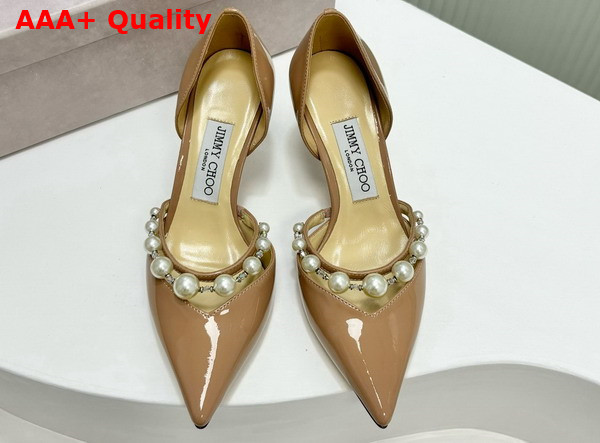 Jimmy Choo Aurelie 65 Ballet Pink Patent Leather Pointed Pumps with Pearl Embellishment Replica