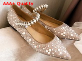 Jimmy Choo Baily Flat Ballet Pink Suede Mary Jane Flats with Crystal and Pearl Embellishment Replica