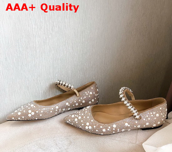 Jimmy Choo Baily Flat Ballet Pink Suede Mary Jane Flats with Crystal and Pearl Embellishment Replica